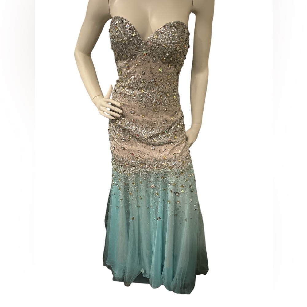 Terani Couture Champagne to Aqua Ombre Beaded Strapless Gown
